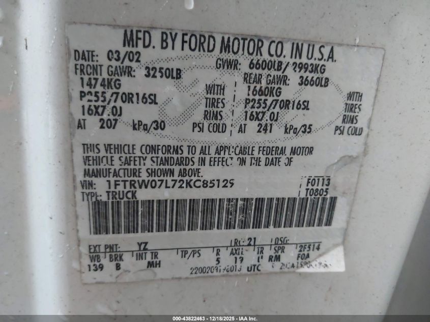 2002 Ford F-150 Lariat/Xlt VIN: 1FTRW07L72KC85129 Lot: 43822463