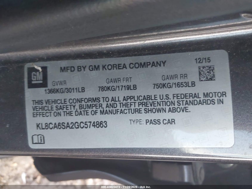 2016 Chevrolet Spark Ls Manual VIN: KL8CA6SA2GC574863 Lot: 43822472