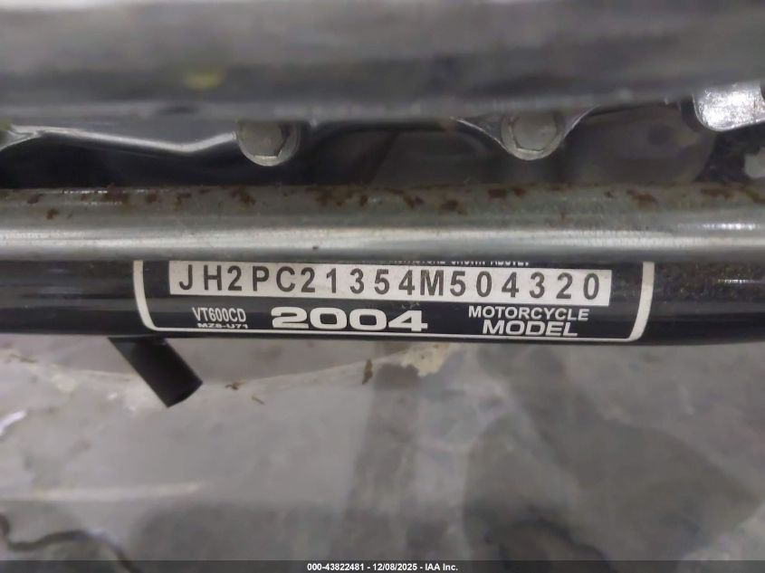 2004 Honda Vt600 Cd VIN: JH2PC21354M504320 Lot: 43822481
