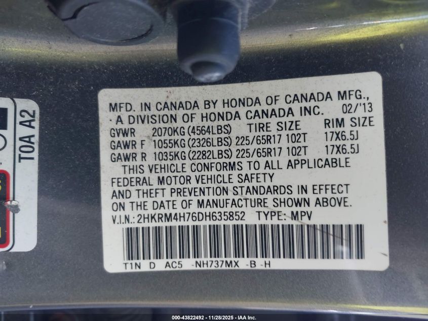 2013 Honda Cr-V Ex-L VIN: 2HKRM4H76DH635852 Lot: 43822492