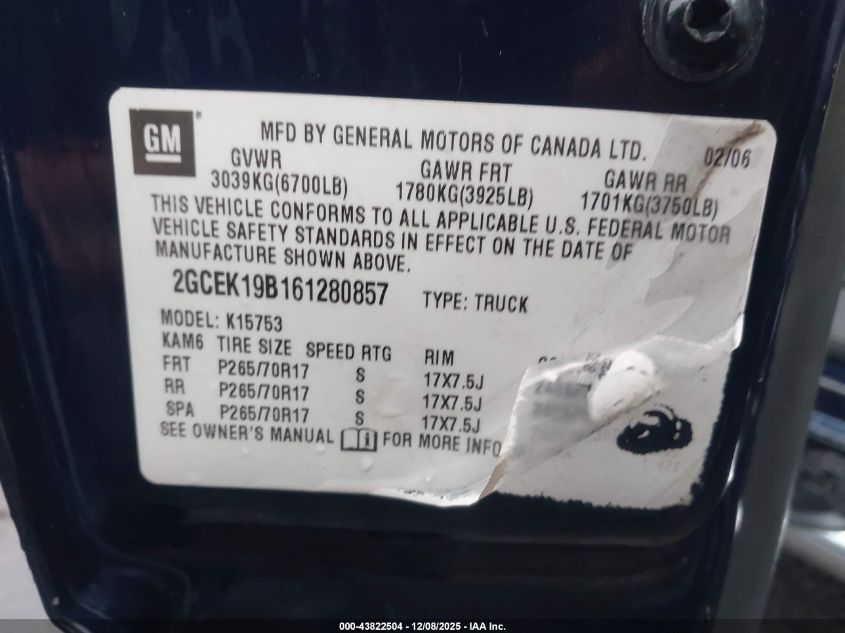 2006 Chevrolet Silverado 1500 Lt3 VIN: 2GCEK19B161280857 Lot: 43822504