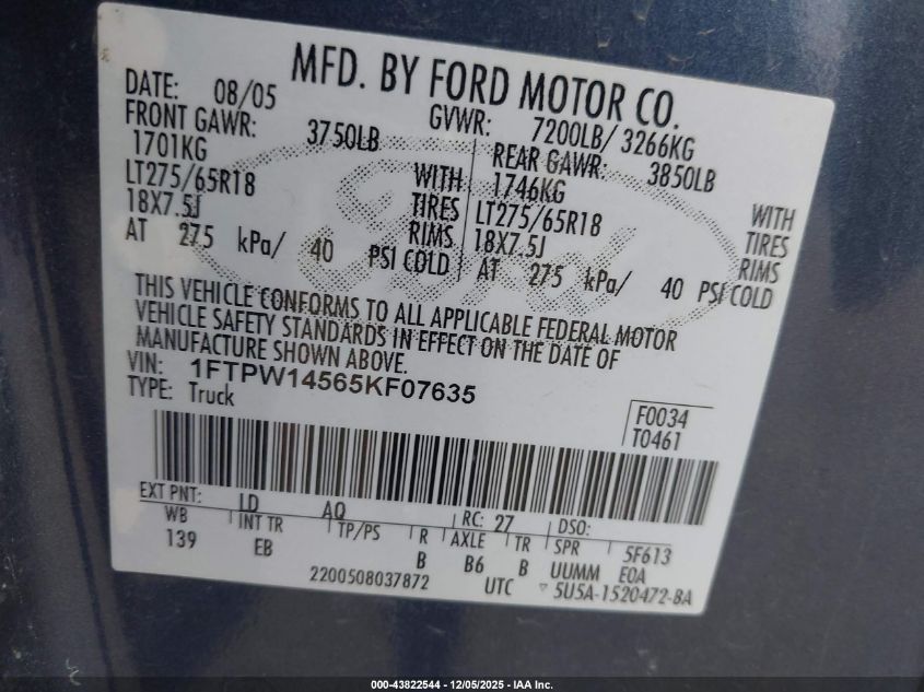 2005 Ford F-150 Fx4/Lariat/Xlt VIN: 1FTPW14565KF07635 Lot: 43822544