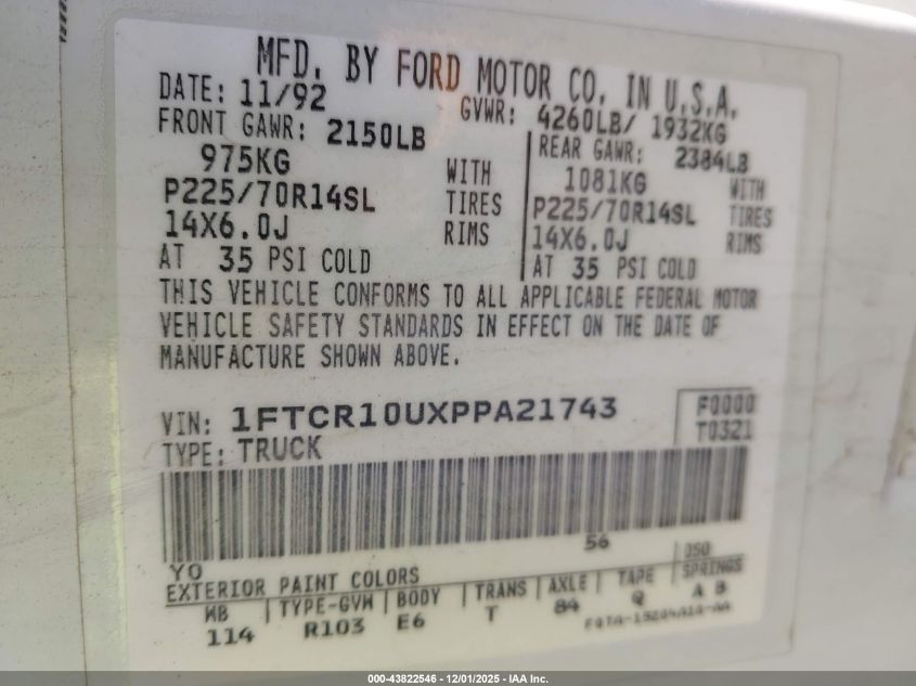 1993 Ford Ranger VIN: 1FTCR10UXPPA21743 Lot: 43822546