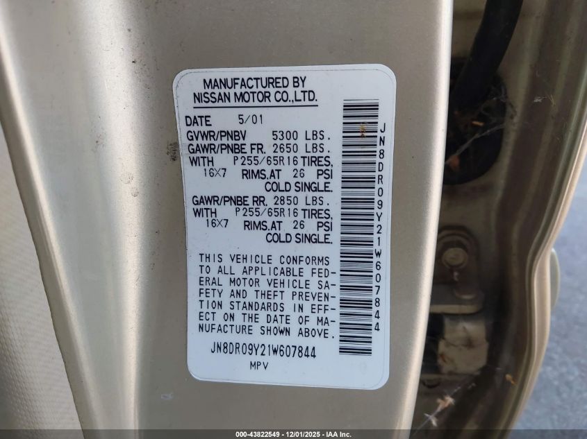 2001 Nissan Pathfinder Le VIN: JN8DR09Y21W607844 Lot: 43822549