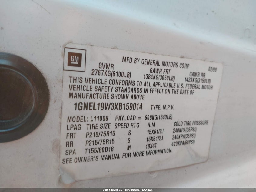 1GNEL19W3XB159014 1999 CHEVROLET ASTRO photo no. 9
