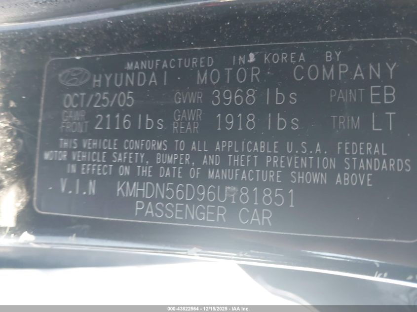 2006 Hyundai Elantra Gls/Gt VIN: KMHDN56D96U181851 Lot: 43822564