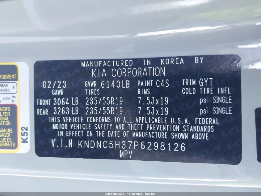 2023 Kia Carnival Mpv Ex VIN: KNDNC5H37P6298126 Lot: 43822576