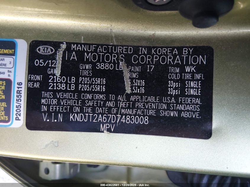 2013 Kia Soul + VIN: KNDJT2A67D7483008 Lot: 43822581