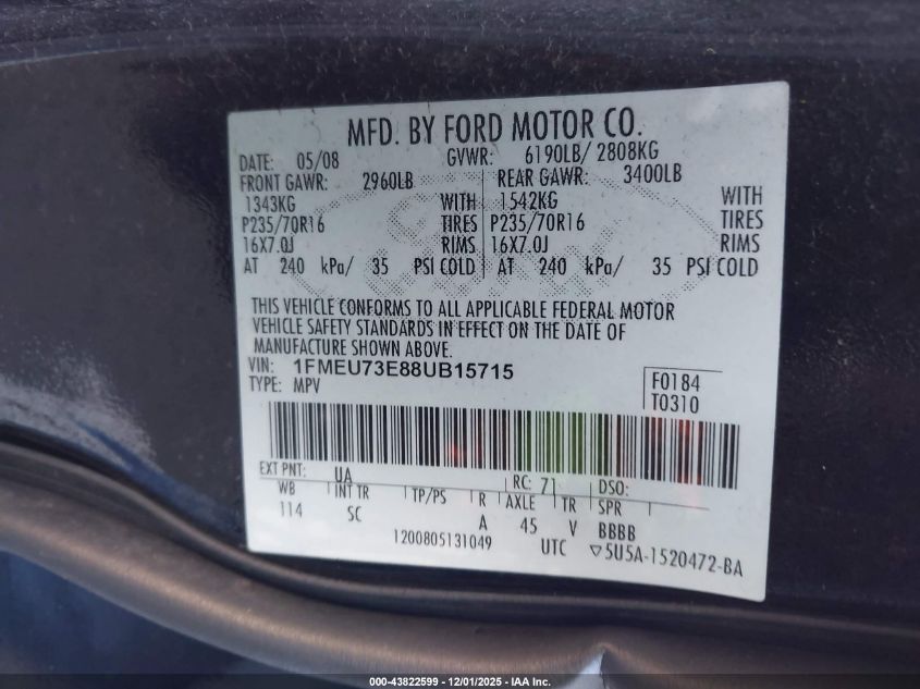 2008 Ford Explorer Xlt VIN: 1FMEU73E88UB15715 Lot: 43822599