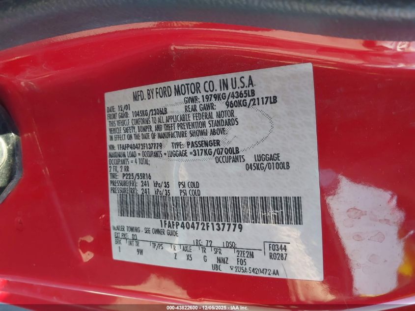 2002 Ford Mustang VIN: 1FAFP40472F137779 Lot: 43822600
