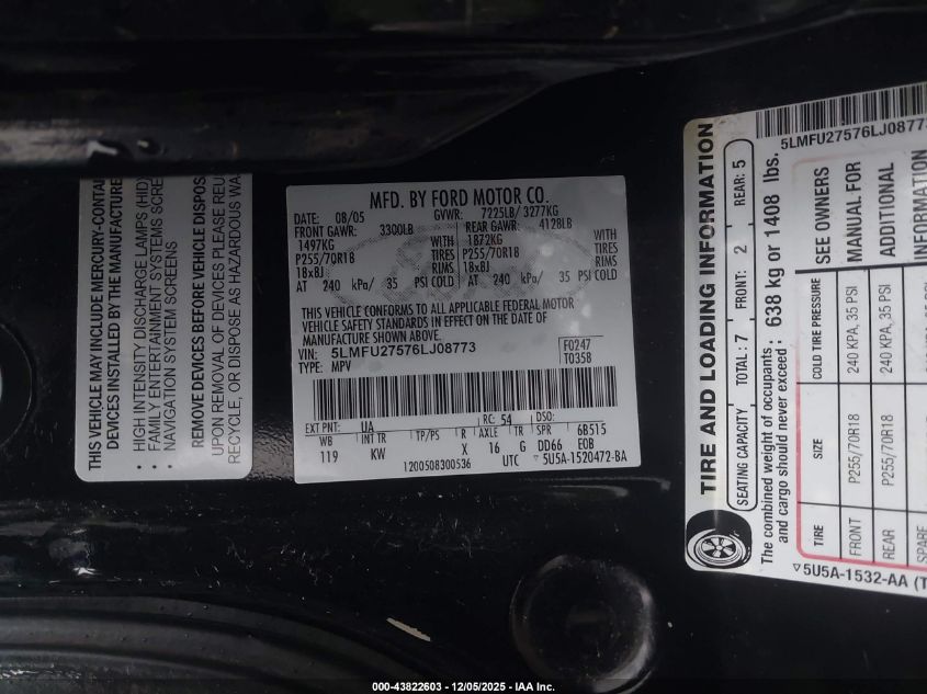 2006 Lincoln Navigator Luxury/Ultimate VIN: 5LMFU27576LJ08773 Lot: 43822603