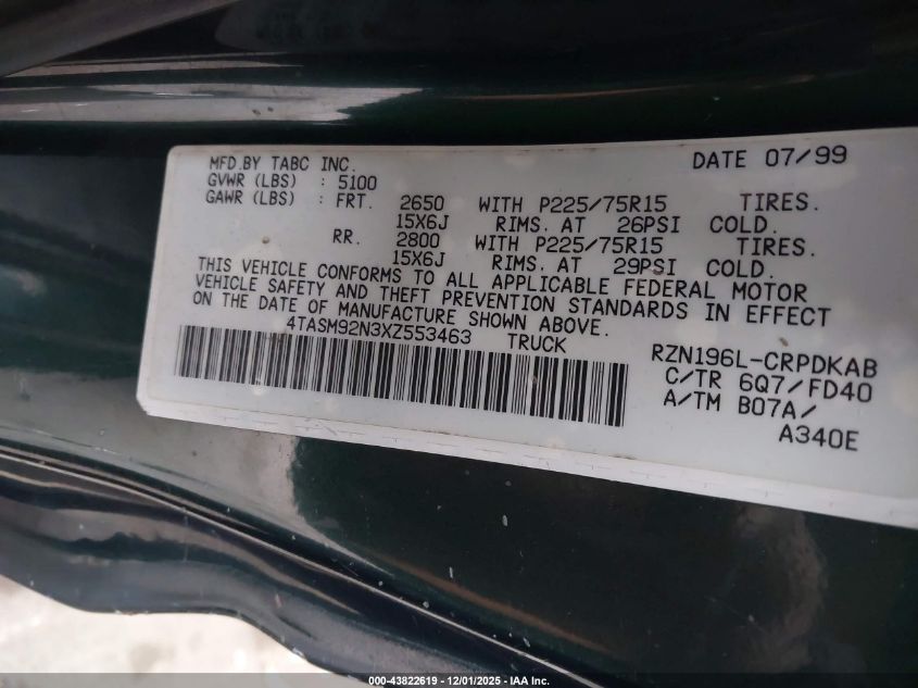 1999 Toyota Tacoma Prerunner VIN: 4TASM92N3XZ553463 Lot: 43822619