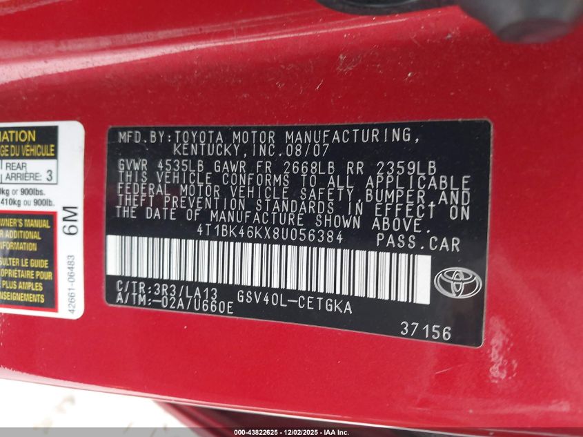 2008 Toyota Camry Xle V6 VIN: 4T1BK46KX8U056384 Lot: 43822625