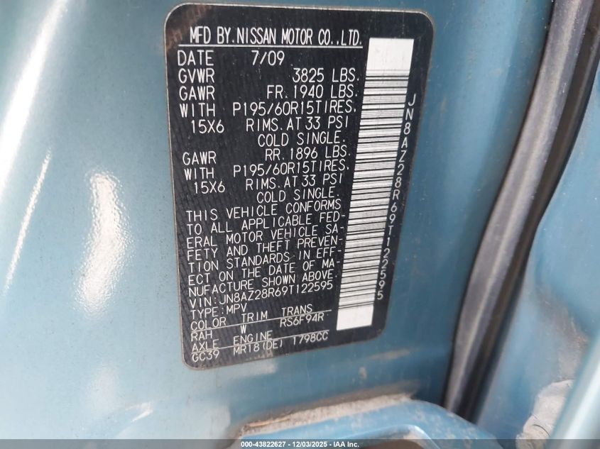 2009 Nissan Cube 1.8S VIN: JN8AZ28R69T122595 Lot: 43822627