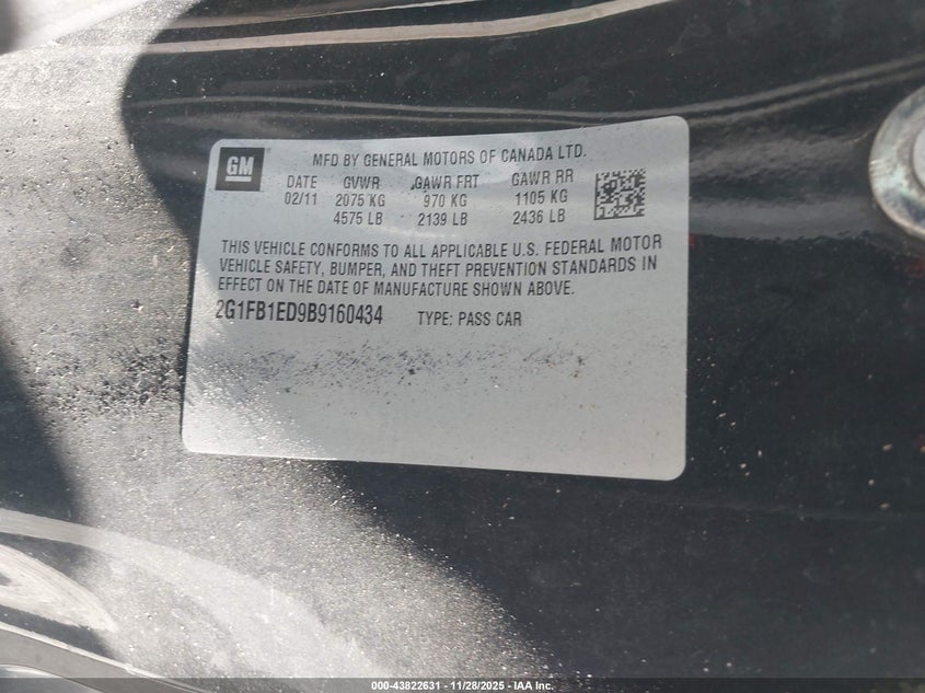 2011 Chevrolet Camaro 1Lt VIN: 2G1FB1ED9B9160434 Lot: 43822631