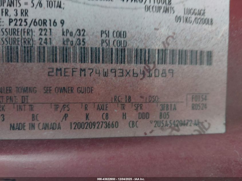 2003 Mercury Grand Marquis Gs VIN: 2MEFM74W93X641089 Lot: 43822650