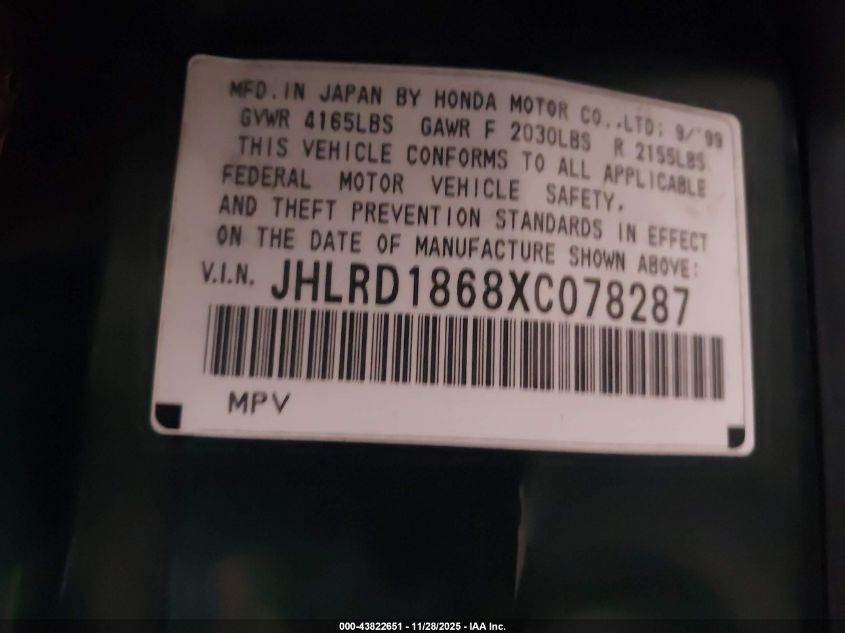 1999 Honda Cr-V Ex VIN: JHLRD1868XC078287 Lot: 43822651