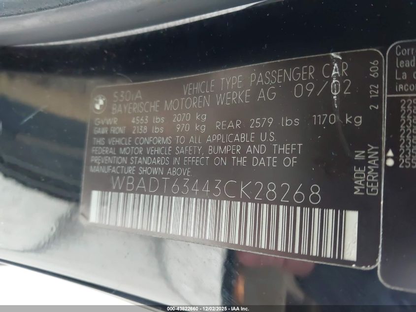 2003 BMW 530Ia VIN: WBADT63443CK28268 Lot: 43822660