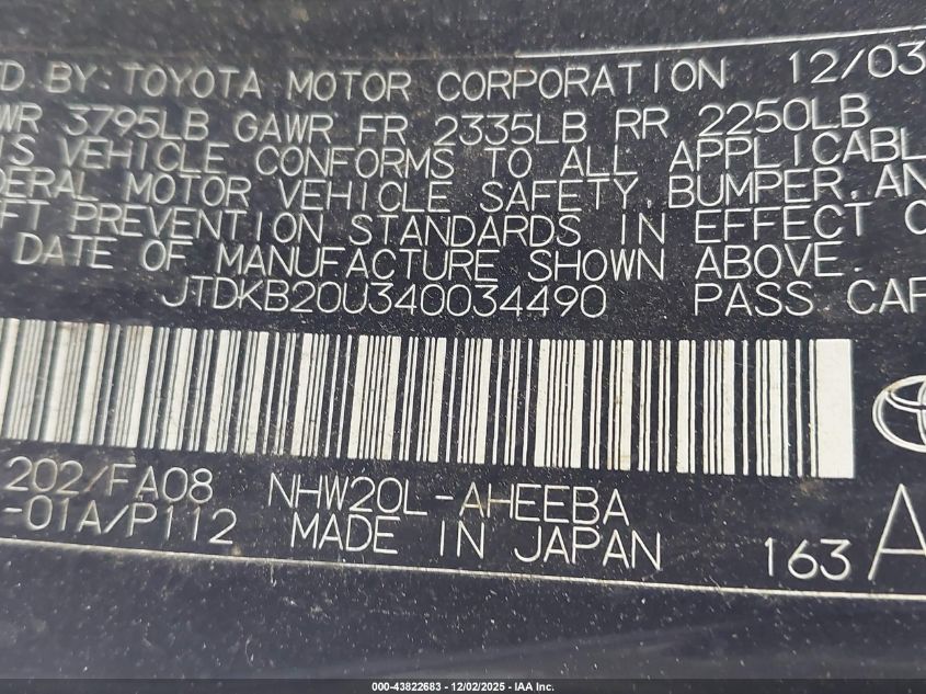 2004 Toyota Prius VIN: JTDKB20U340034490 Lot: 43822683