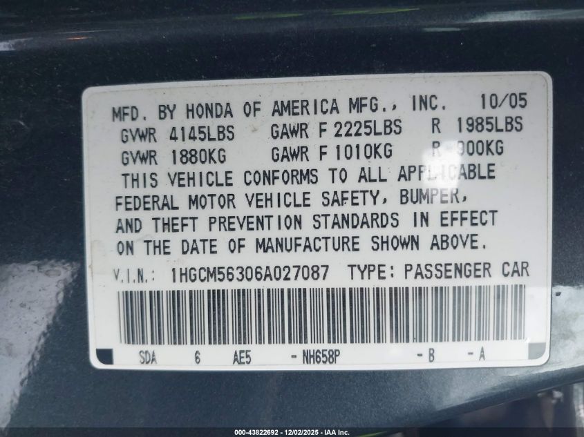 2006 Honda Accord 2.4 Se VIN: 1HGCM56306A027087 Lot: 43822692