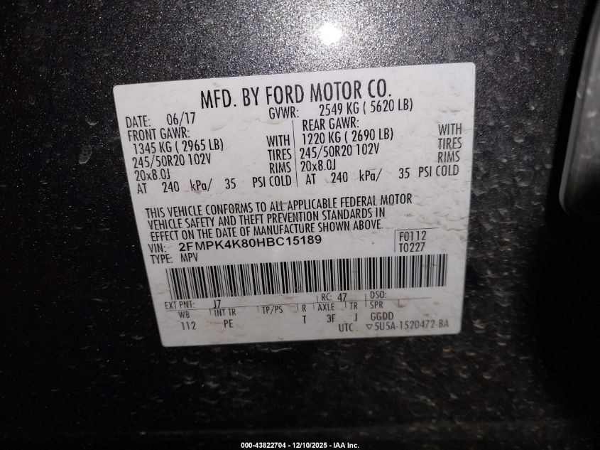 2017 Ford Edge Titanium VIN: 2FMPK4K80HBC15189 Lot: 43822704