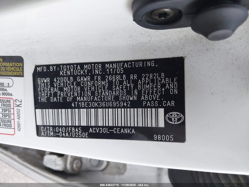 2006 Toyota Camry Le VIN: 4T1BE30K36U695942 Lot: 43822715