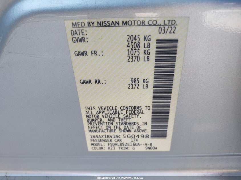 2022 Nissan Leaf S 40 Kwh VIN: 1N4AZ1BV1NC560498 Lot: 43822723