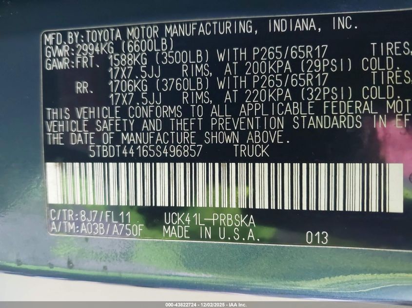 2005 Toyota Tundra Sr5 V8 VIN: 5TBDT44165S496857 Lot: 43822724