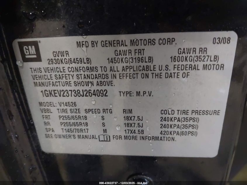 2008 GMC Acadia Slt-1 VIN: 1GKEV23738J264092 Lot: 43822737