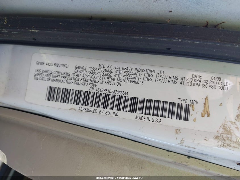 2008 Subaru Outback 2.5I/2.5I L.l. Bean Edition VIN: 4S4BP61C287365844 Lot: 43822739