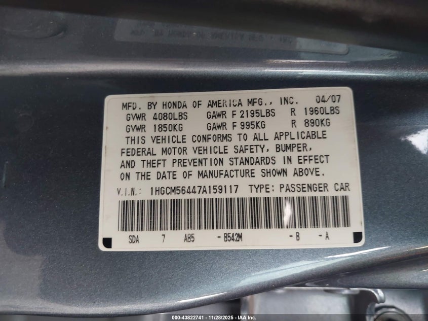 2007 Honda Accord 2.4 Lx VIN: 1HGCM56447A159117 Lot: 43822741