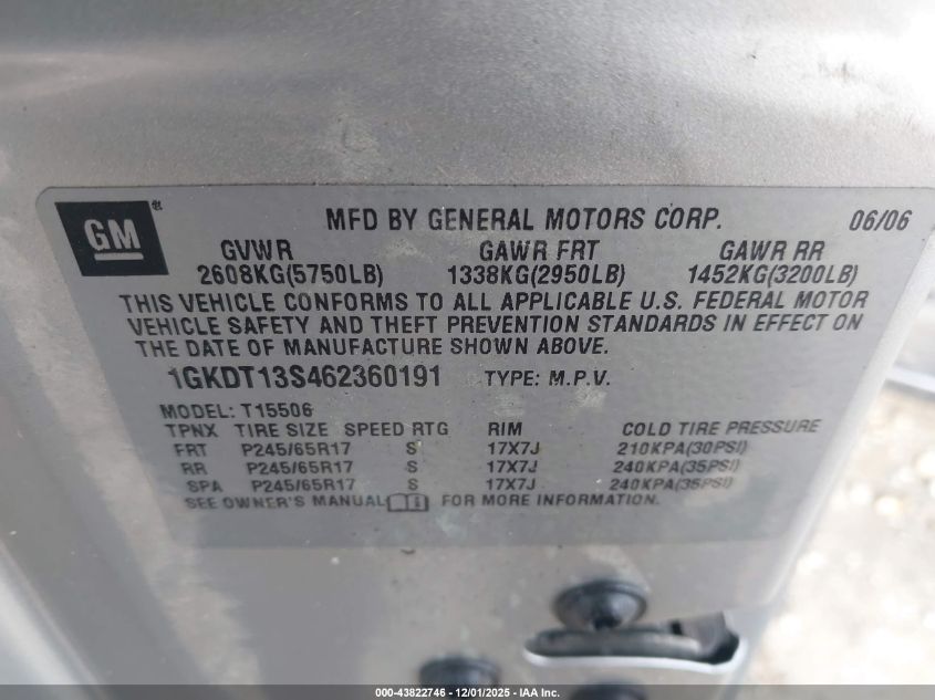 2006 GMC Envoy Slt VIN: 1GKDT13S462360191 Lot: 43822746