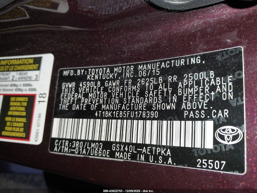 2015 Toyota Avalon Limited VIN: 4T1BK1EB5FU178390 Lot: 43822753