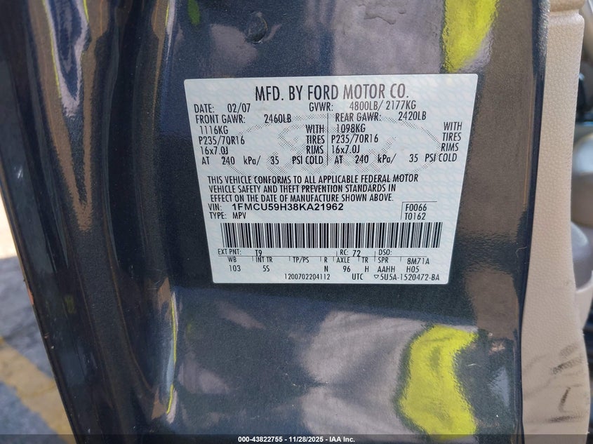 2008 Ford Escape Hybrid VIN: 1FMCU59H38KA21962 Lot: 43822755