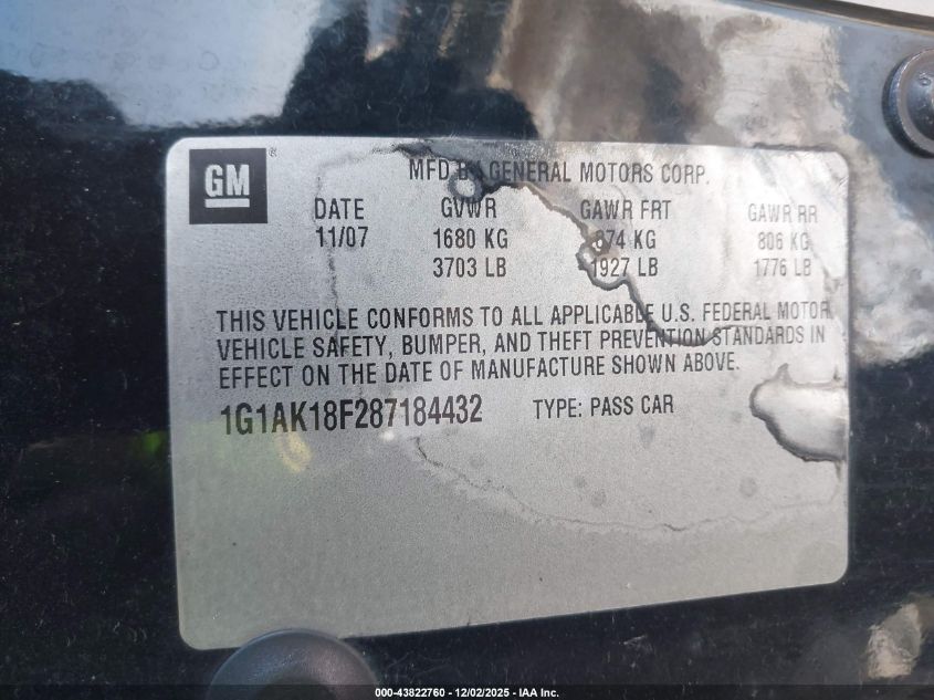 2008 Chevrolet Cobalt Ls VIN: 1G1AK18F287184432 Lot: 43822760
