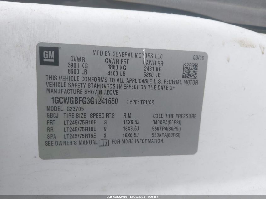 2016 Chevrolet Express 2500 Work Van VIN: 1GCWGBFG3G1241660 Lot: 43822764