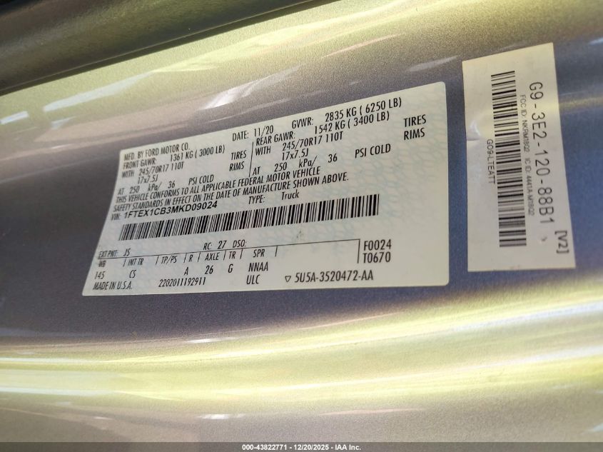 2021 Ford F-150 Xl VIN: 1FTEX1CB3MKD09024 Lot: 43822771