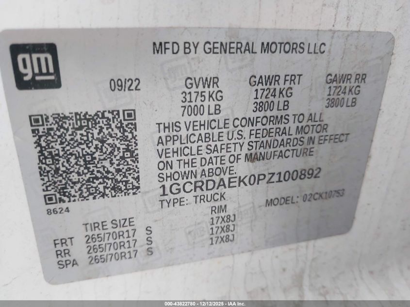 2023 Chevrolet Silverado 1500 4Wd Standard Bed Wt VIN: 1GCRDAEK0PZ100892 Lot: 43822780