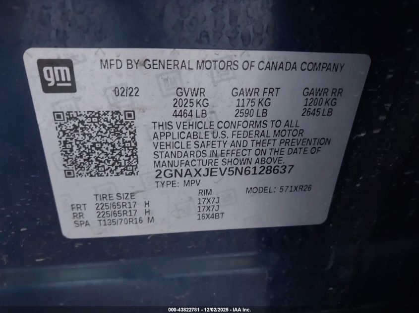 2022 Chevrolet Equinox Fwd 2Fl VIN: 2GNAXJEV5N6128637 Lot: 43822781