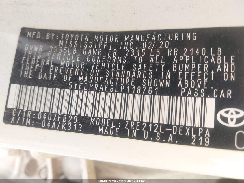 2020 Toyota Corolla Le VIN: 5YFEPRAE8LP118761 Lot: 43822794