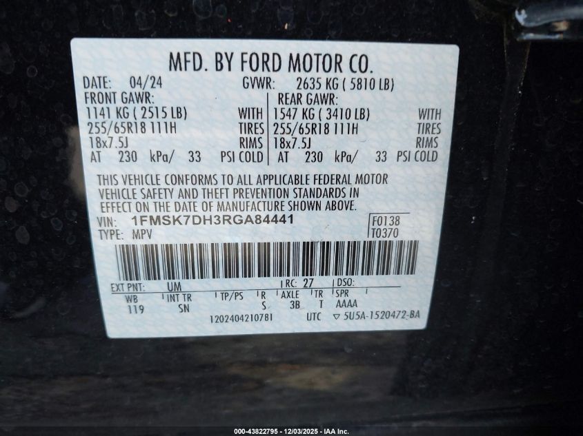 2024 Ford Explorer Xlt VIN: 1FMSK7DH3RGA84441 Lot: 43822795