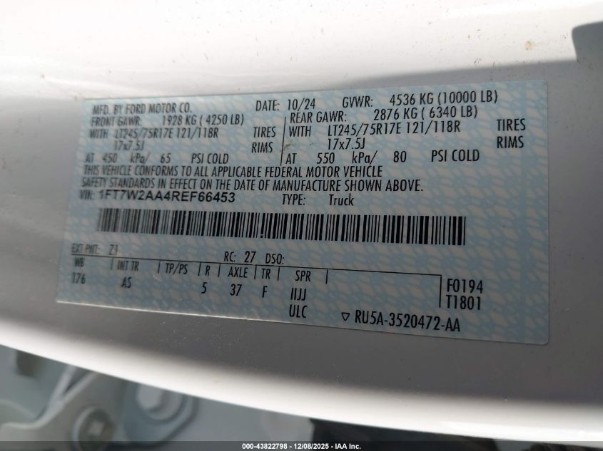 2024 Ford F-250 Xl VIN: 1FT7W2AA4REF66453 Lot: 43822798