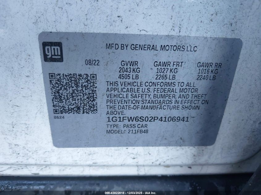 2023 Chevrolet Bolt Ev Fwd 1Lt VIN: 1G1FW6S02P4106941 Lot: 43822818