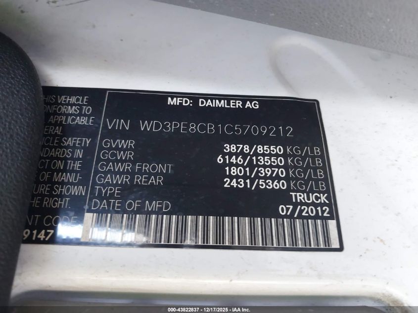 2012 Mercedes-Benz Sprinter 2500 High Roof VIN: WD3PE8CB1C5709212 Lot: 43822837