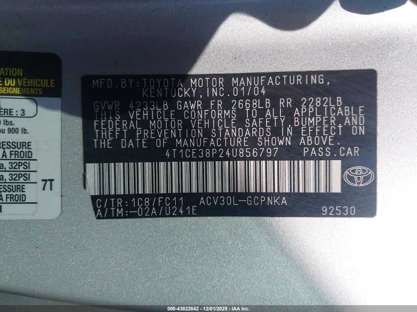 2004 Toyota Camry Solara Se Sport VIN: 4T1CE38P24U856797 Lot: 43822842