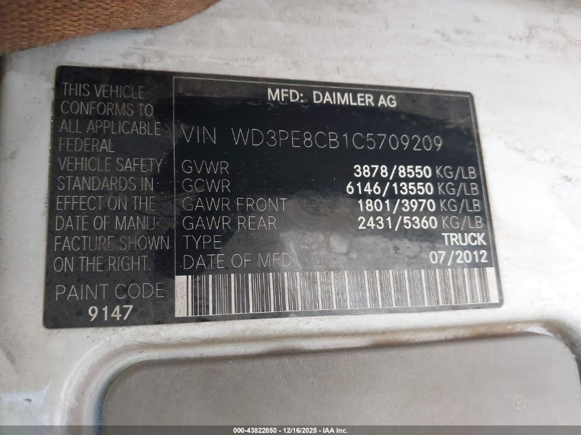 2012 Mercedes-Benz Sprinter 2500 High Roof VIN: WD3PE8CB1C5709209 Lot: 43822850