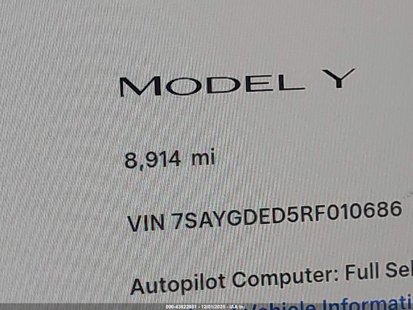2024 Tesla Model Y Long Range Dual Motor All-Wheel Drive/Rwd VIN: 7SAYGDED5RF010686 Lot: 43822851
