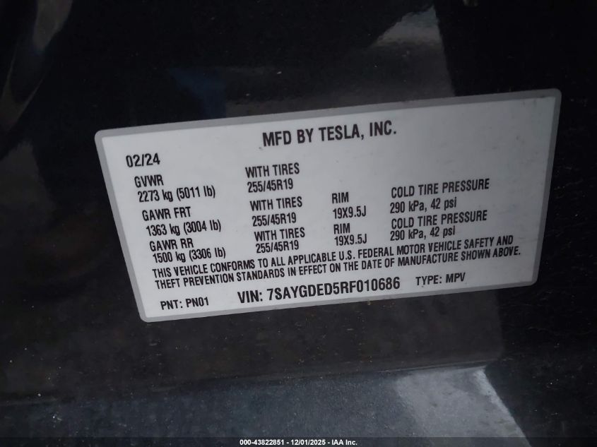 2024 Tesla Model Y Long Range Dual Motor All-Wheel Drive/Rwd VIN: 7SAYGDED5RF010686 Lot: 43822851
