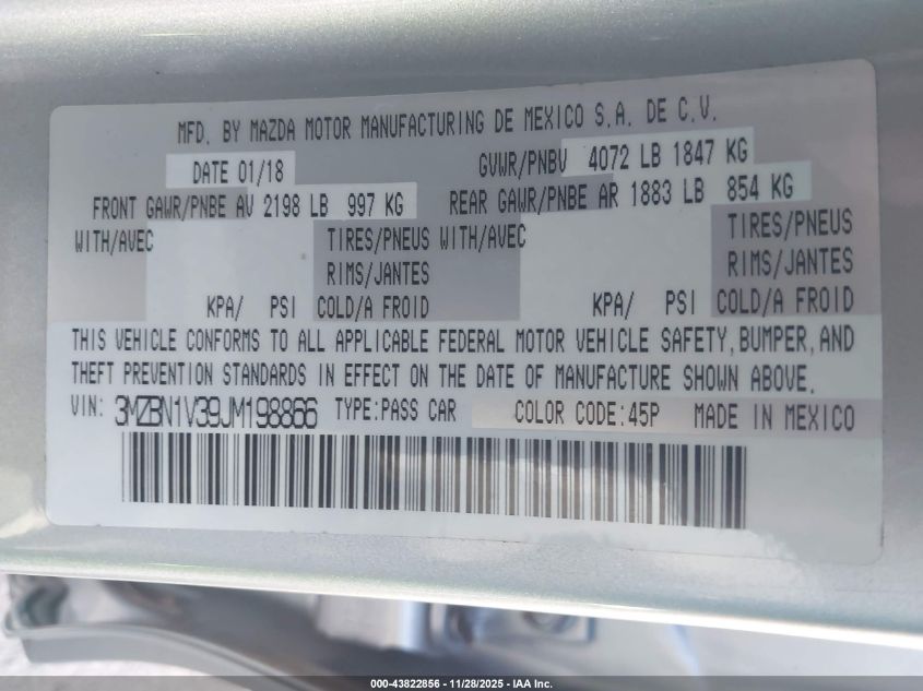 2018 Mazda Mazda3 Touring VIN: 3MZBN1V39JM198866 Lot: 43822856