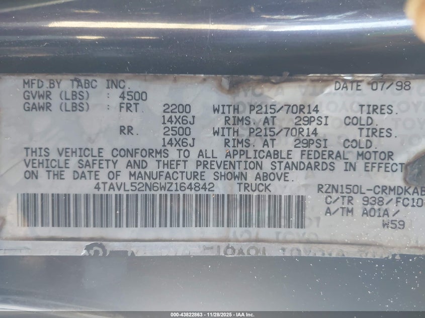 1998 Toyota Tacoma VIN: 4TAVL52N6WZ164842 Lot: 43822863